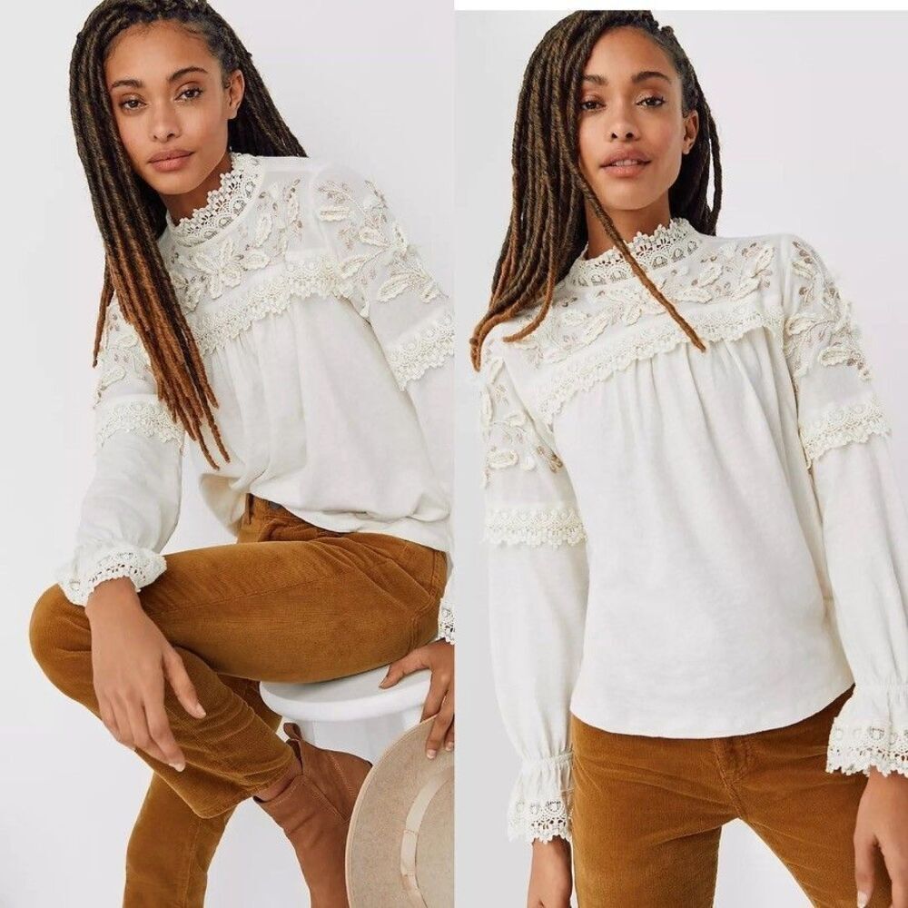 Anthropologie Jemma Cream Crochet Lace Romantic Blouse Size M NEW - Picture 2 of 7